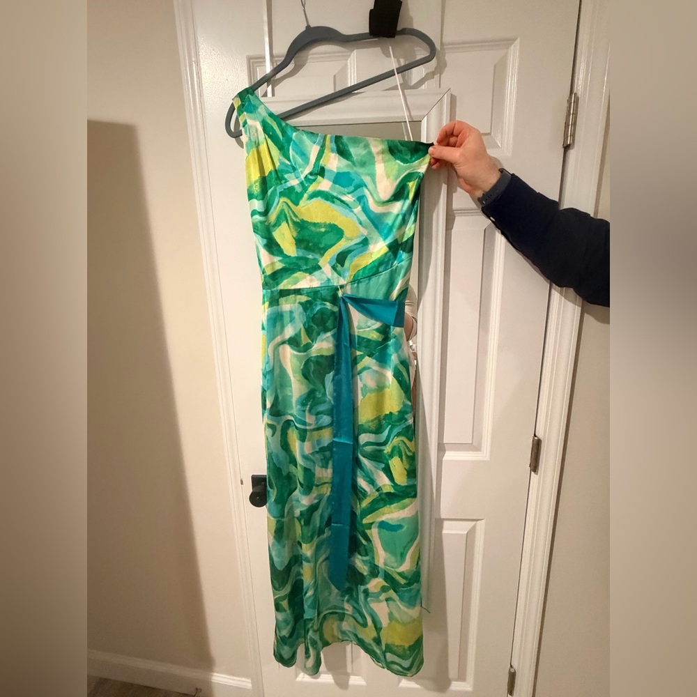 Nicole Miller NY Elegant Green Patterned One-Shoulder Dress